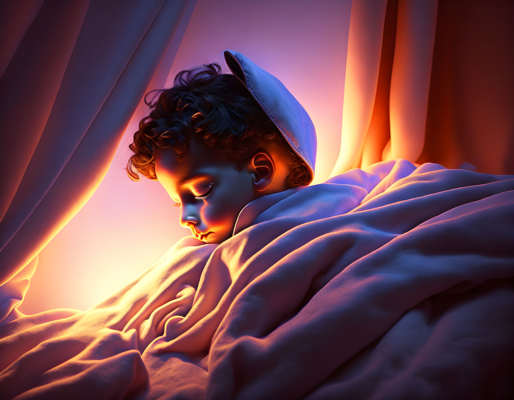 Child Sleeping Peacefully Under Pinkish-Purple Glow