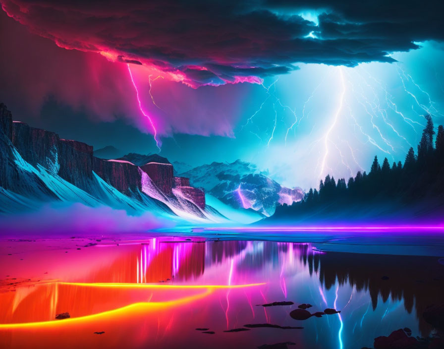 Surreal landscape digital artwork with neon colors and lightning strikes