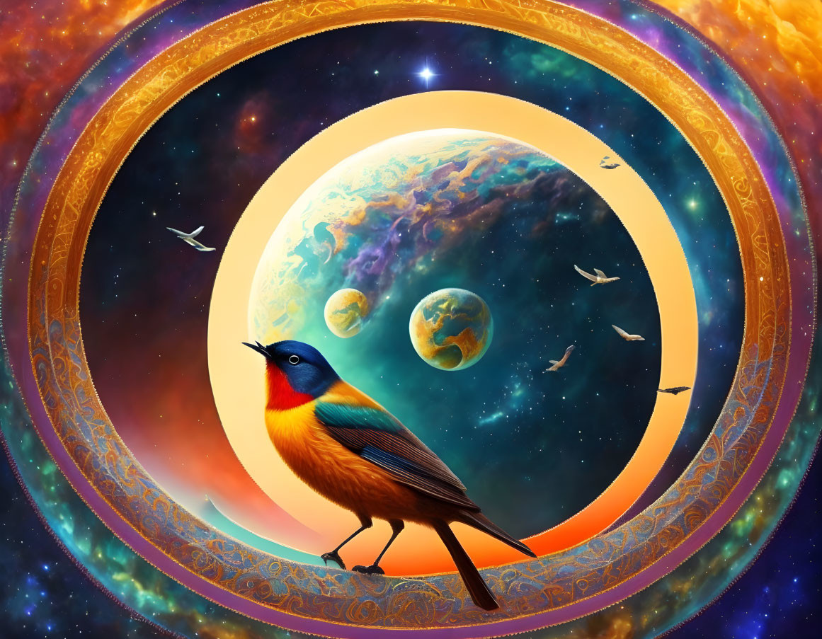 Colorful bird against cosmic backdrop with planets and celestial patterns