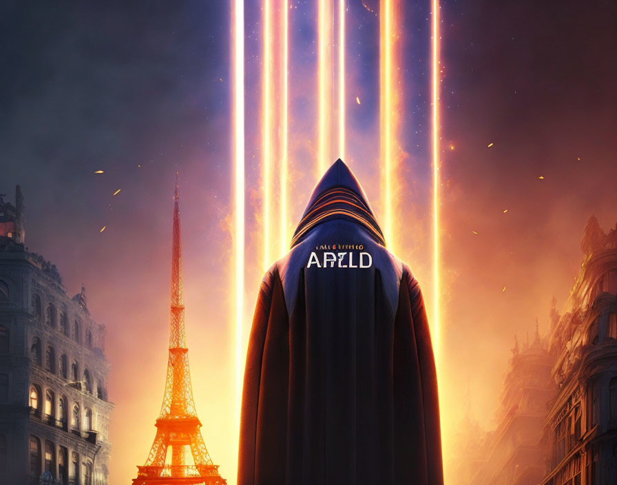 Mysterious figure in cloak gazes at cityscape with Eiffel Tower and beams of light