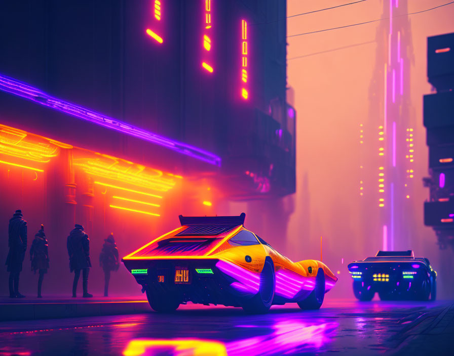 Neon-lit cityscape with flying cars and pedestrians