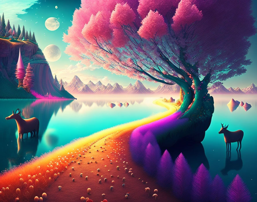 Colorful Fantasy Landscape: Large Tree, Deer, Lake, Pink Foliage, Purple Mountains