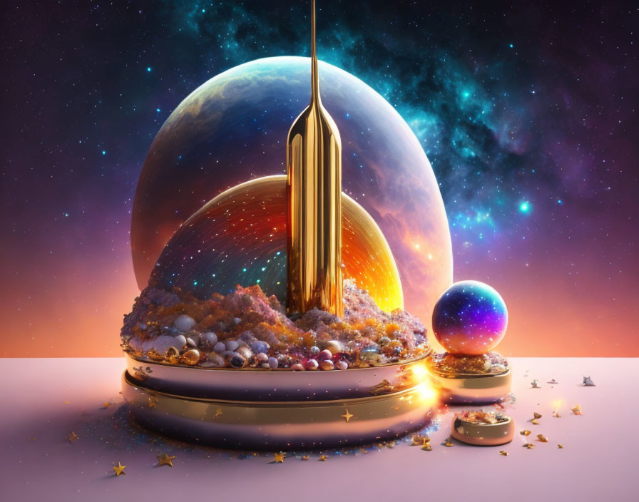 Futuristic cityscape with golden tower and cosmic background