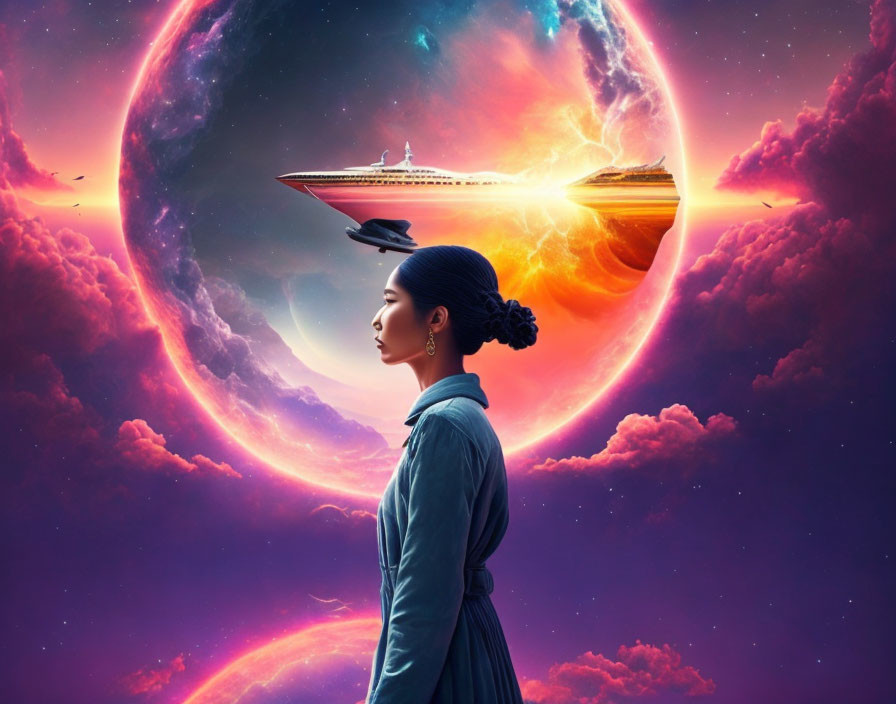 Profile of woman gazing at surreal cosmic scene with planets, nebula, and space cruise ships.