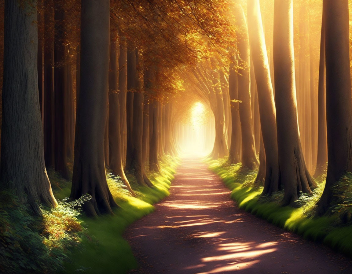 Sunlit Forest Pathway with Tall Trees and Vibrant Green Foliage