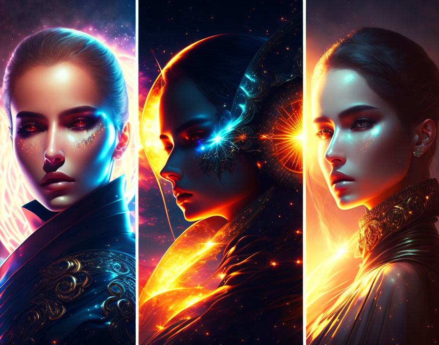 Stylized portraits of a woman against vibrant space backdrops