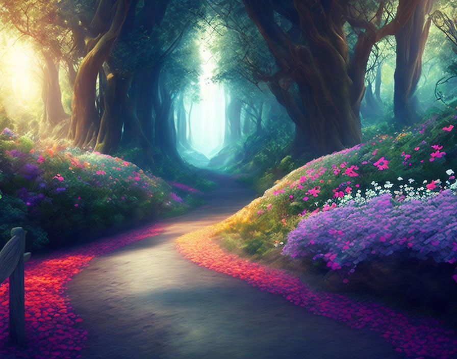 Enchanting forest path with pink and purple flowers and mystical light