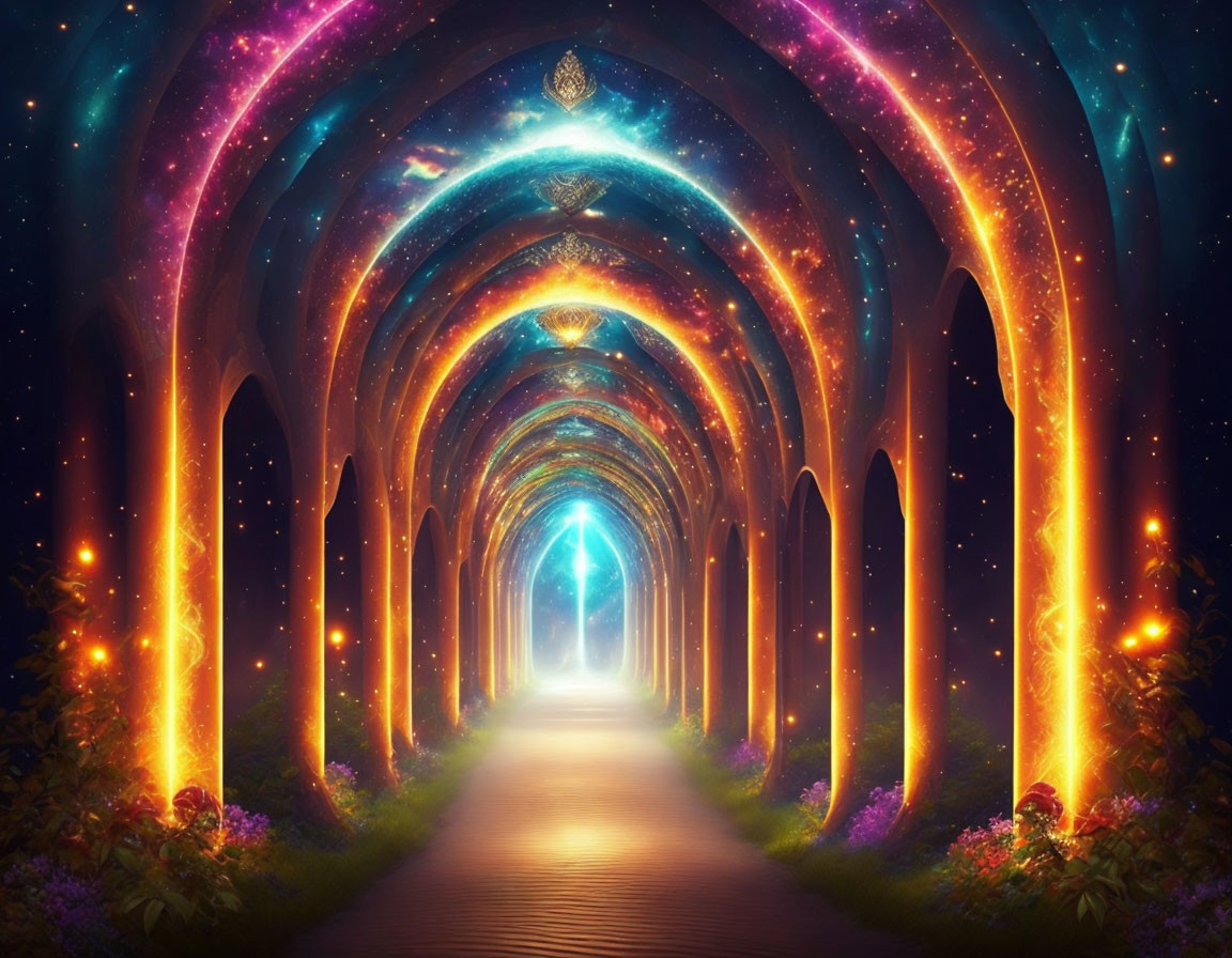 Mystical corridor with neon-lit arches and bright foliage path