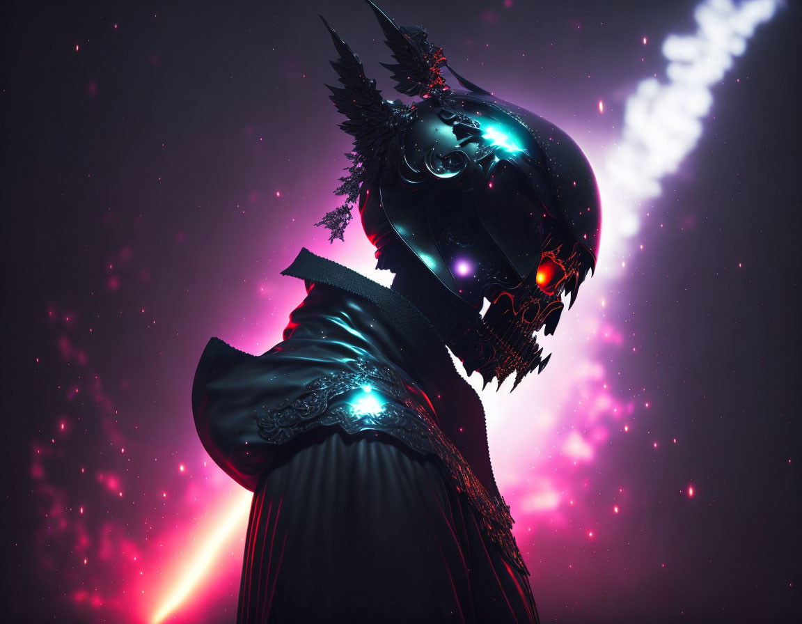 Futuristic knight with glowing eye helmet in starry background