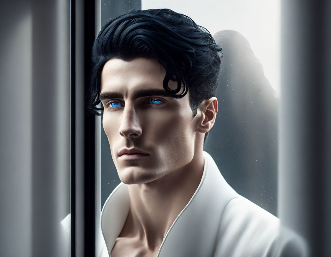 Portrait of a man with blue eyes, dark hair, and a chiseled jawline gazing