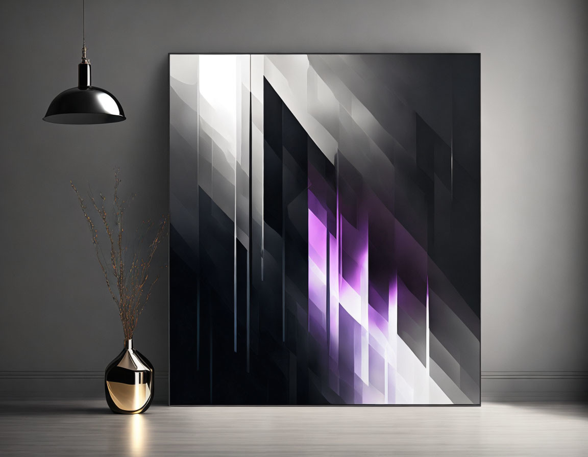 Modern Room with Abstract Geometric Painting in Black, White, and Purple