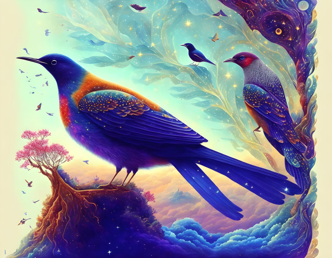 Colorful Birds Perched on Whimsical Tree in Digital Art