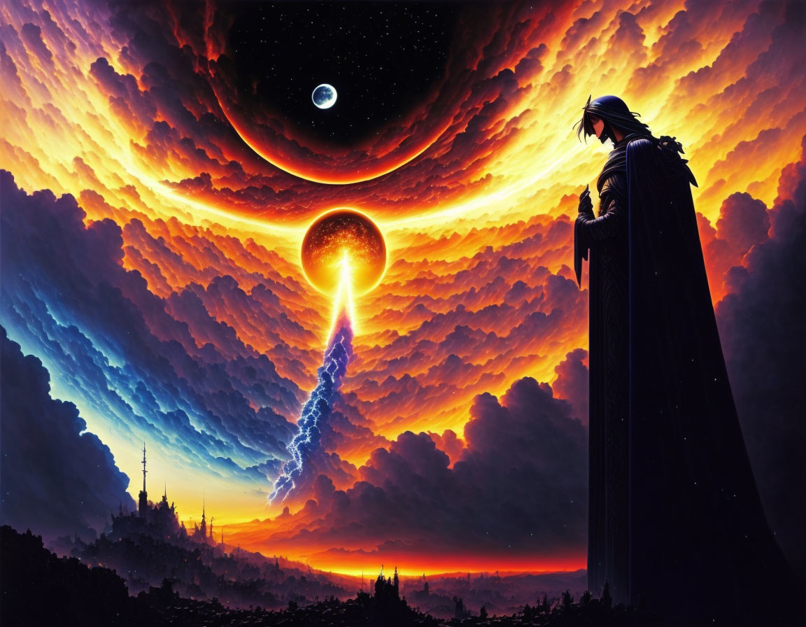 Cloaked Figure Observing Meteor and Celestial Bodies over Futuristic Cityscape