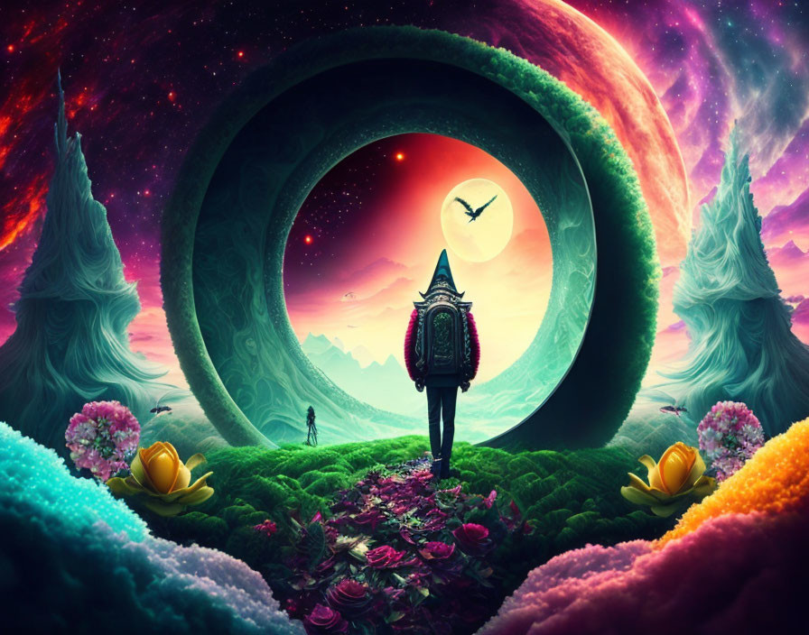 Backpacker at surreal colorful landscape with circular portal