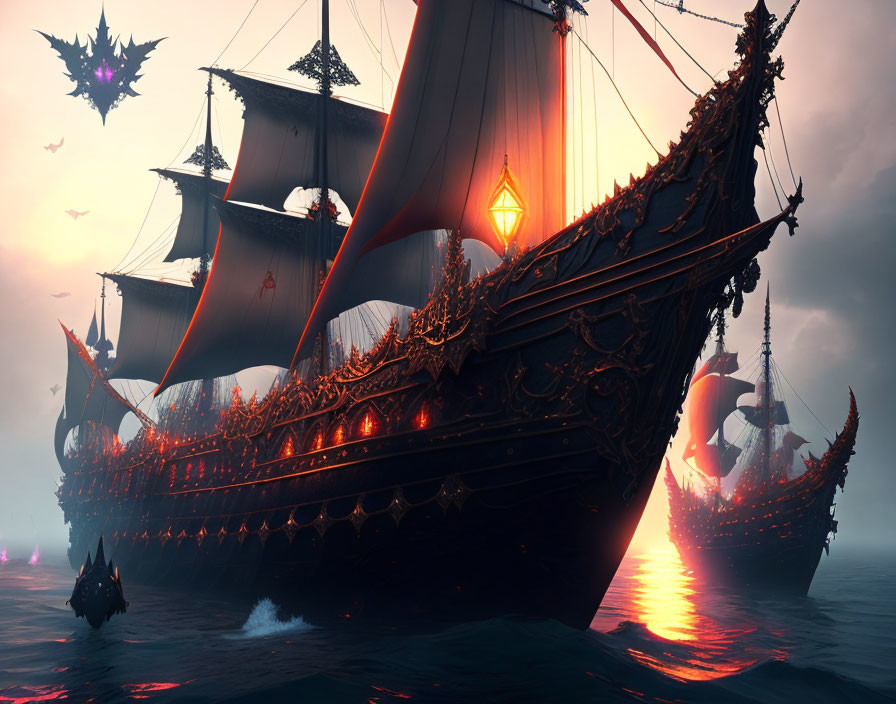 Glowing sails on ornate pirate ship sailing at sunset