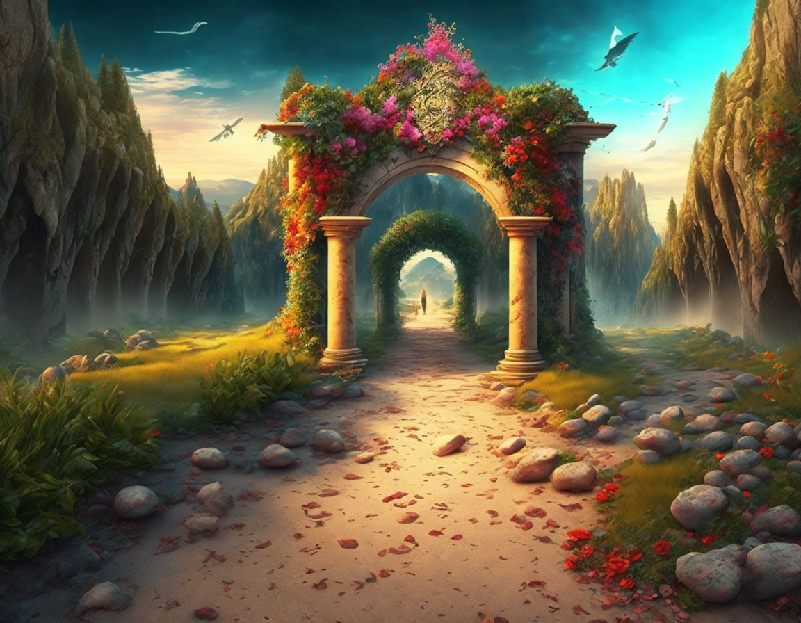 Stone archway and flowers in fantasy landscape with distant figure, cliffs, and birds.