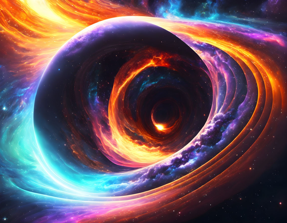 Colorful Cosmic Scene with Swirling Black Hole and Bright Gaseous Swirls