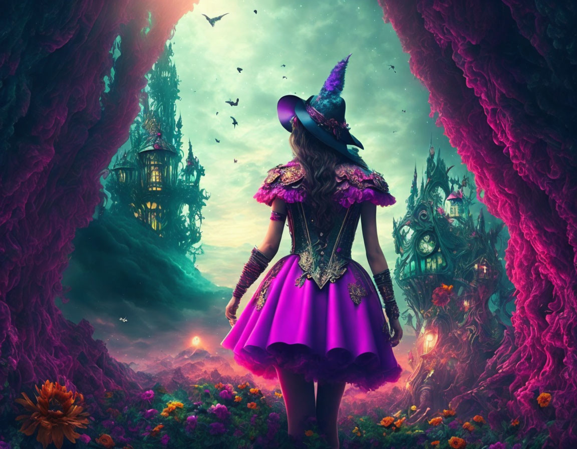 Woman in purple dress and hat in front of fantastical landscape