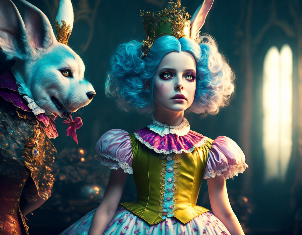 Portrait of woman with pale blue hair, crown, vintage dress, and large rabbit in coat