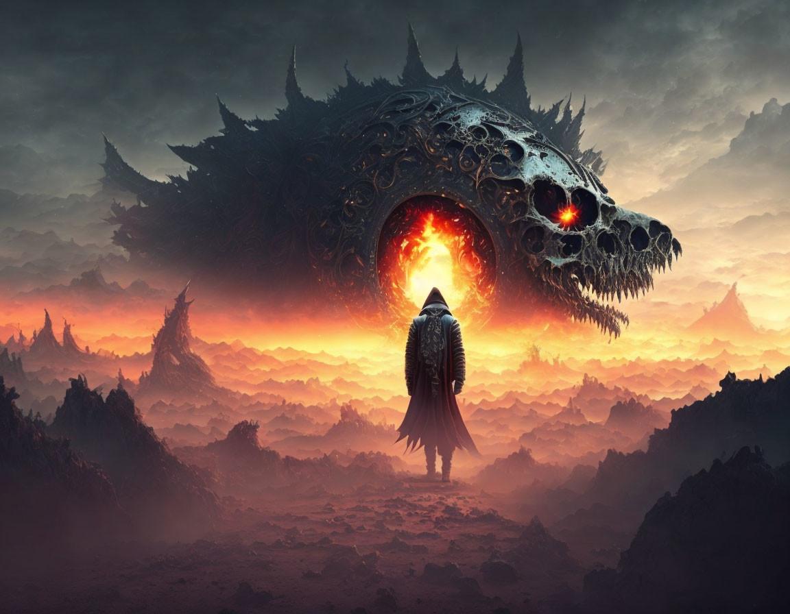 Cloaked figure with dragon skull in mountainous landscape