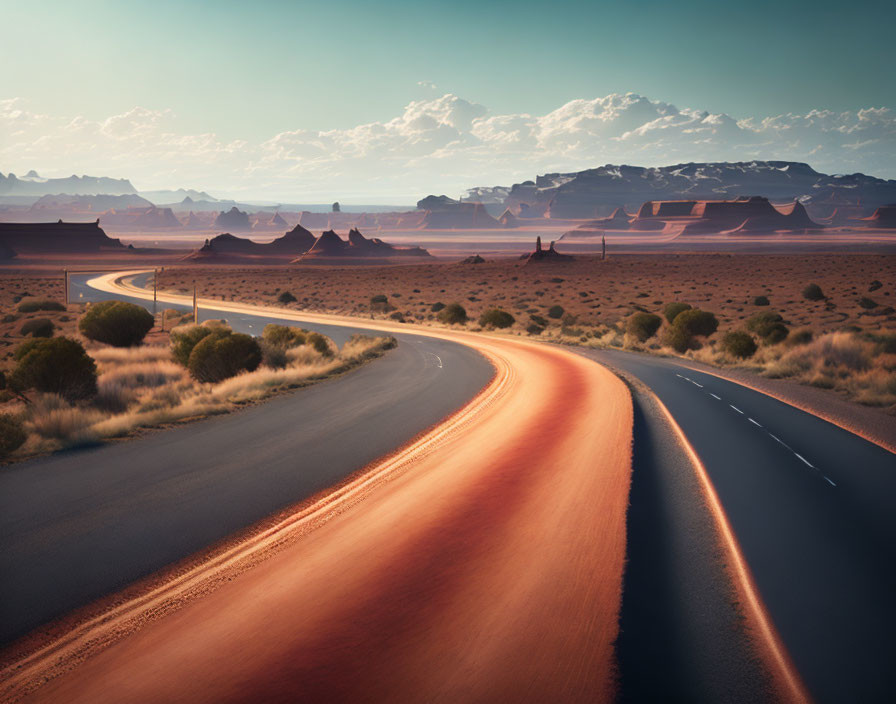 Tranquil desert road with sandy landscape and distant rocky formations