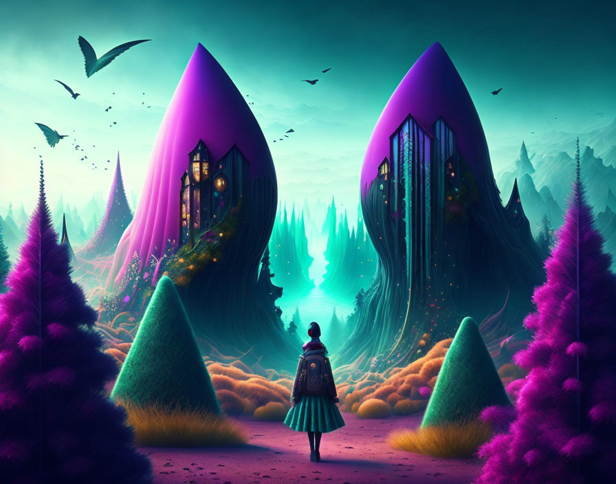 Vibrant surreal landscape with geometric cliffs and flying birds