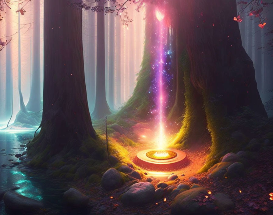 Enchanting forest scene with magical portal, glowing beam, serene river.