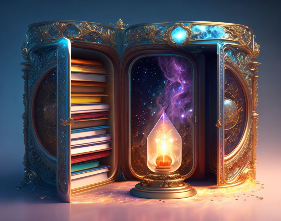 Ornate magical book with open covers and cosmic portal on vibrant backdrop