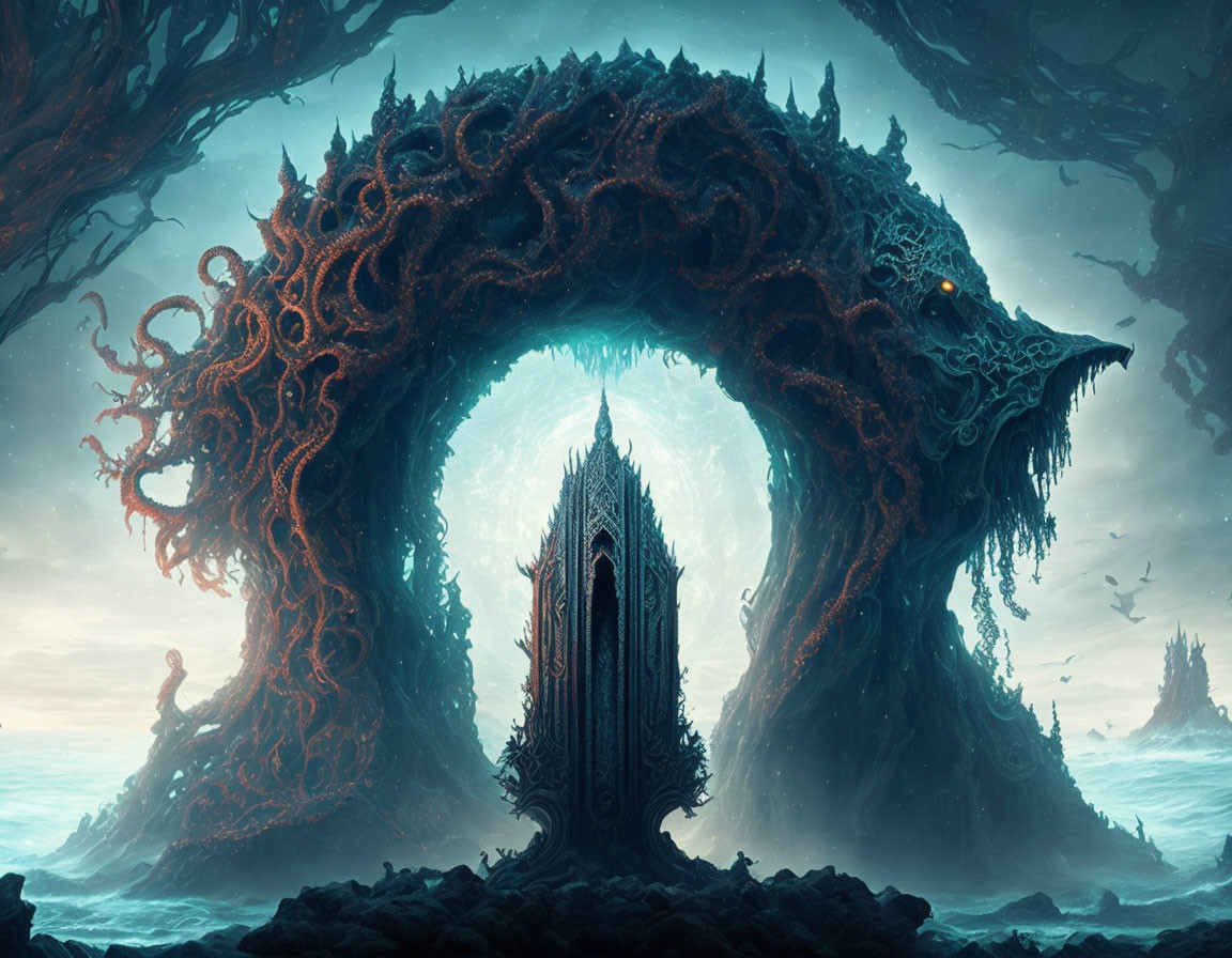 Dark Fantasy Seascape with Towering Wave Arch and Gothic Tower