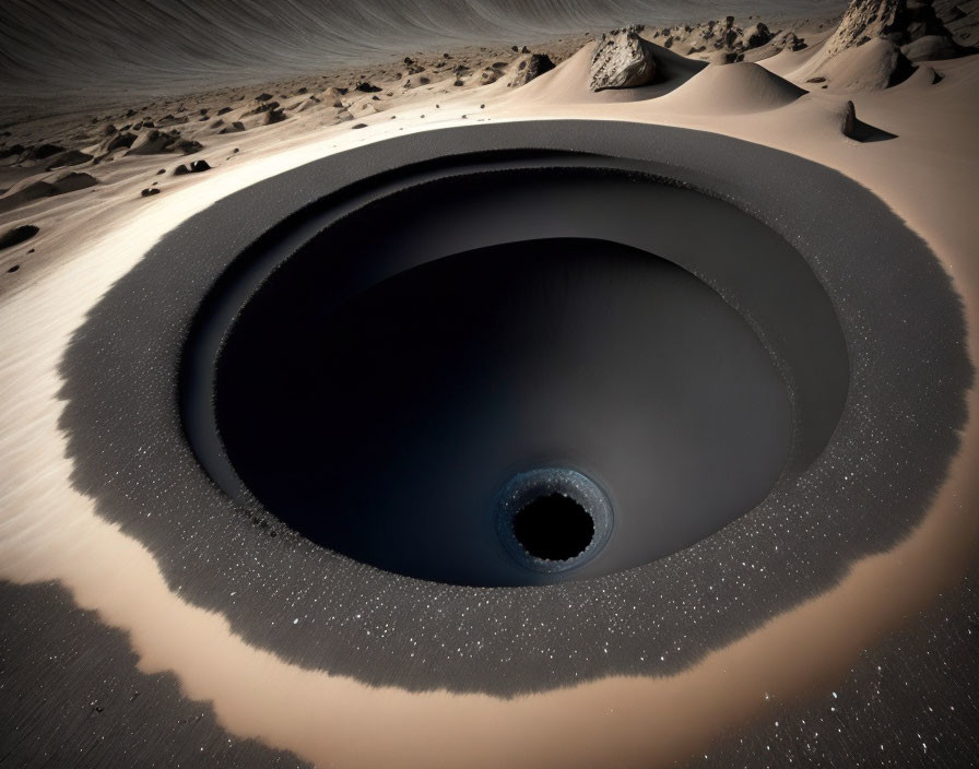 Surreal desert landscape with enormous concentric hole