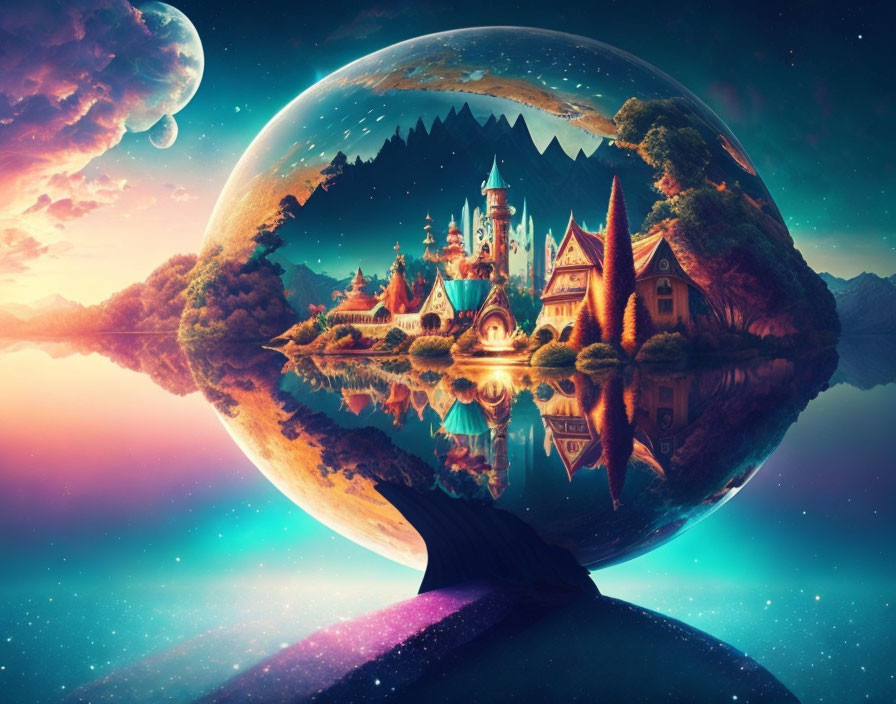 Fantastical landscape with vibrant castle in glass sphere on cosmic background