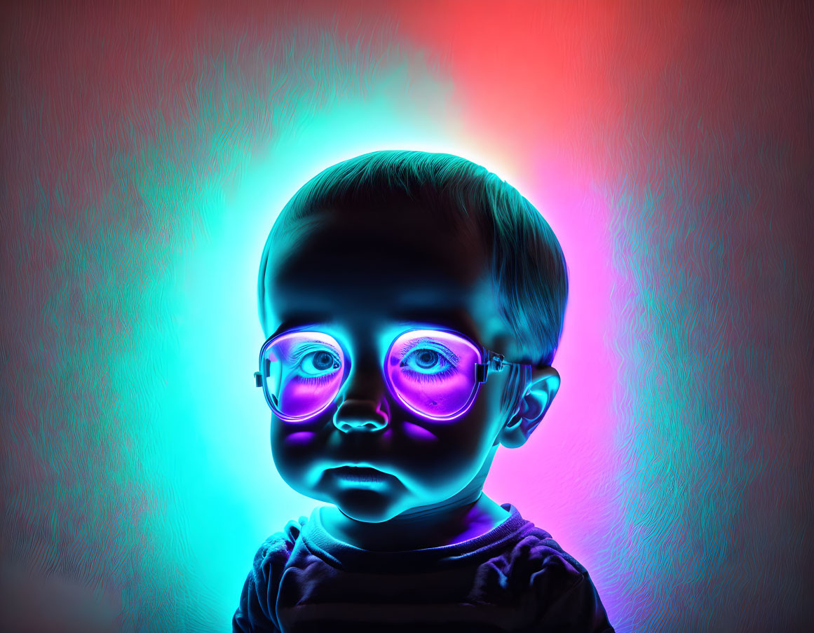 Neon-colored toddler with glasses in digital art