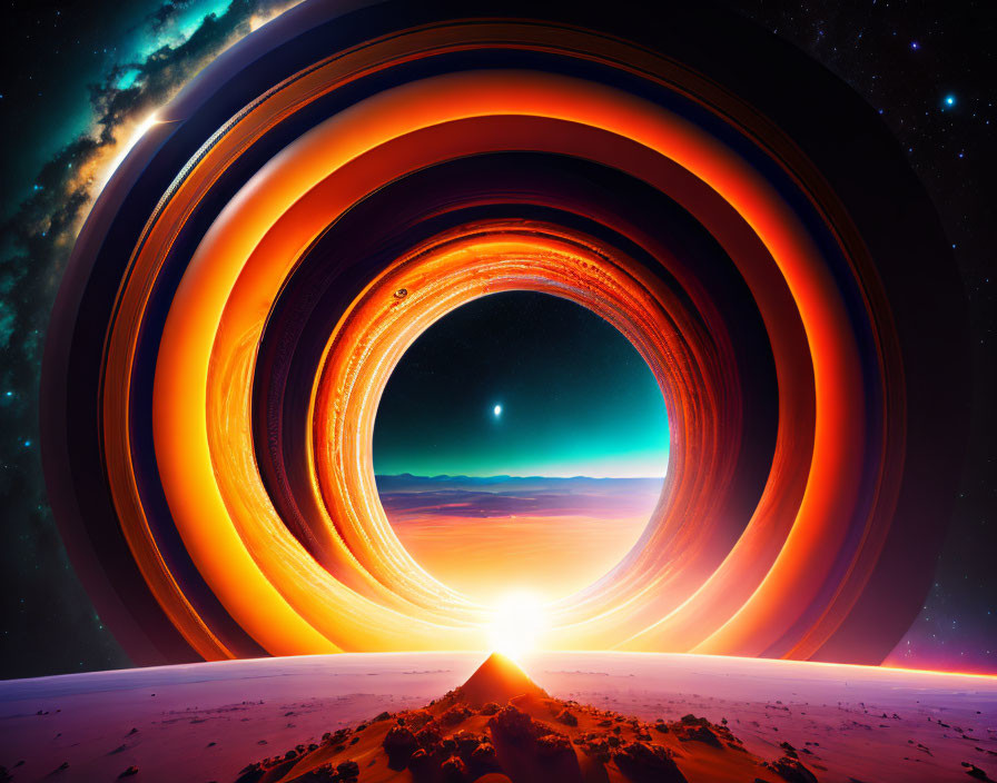 Surreal cosmic digital artwork with concentric iridescent circles.