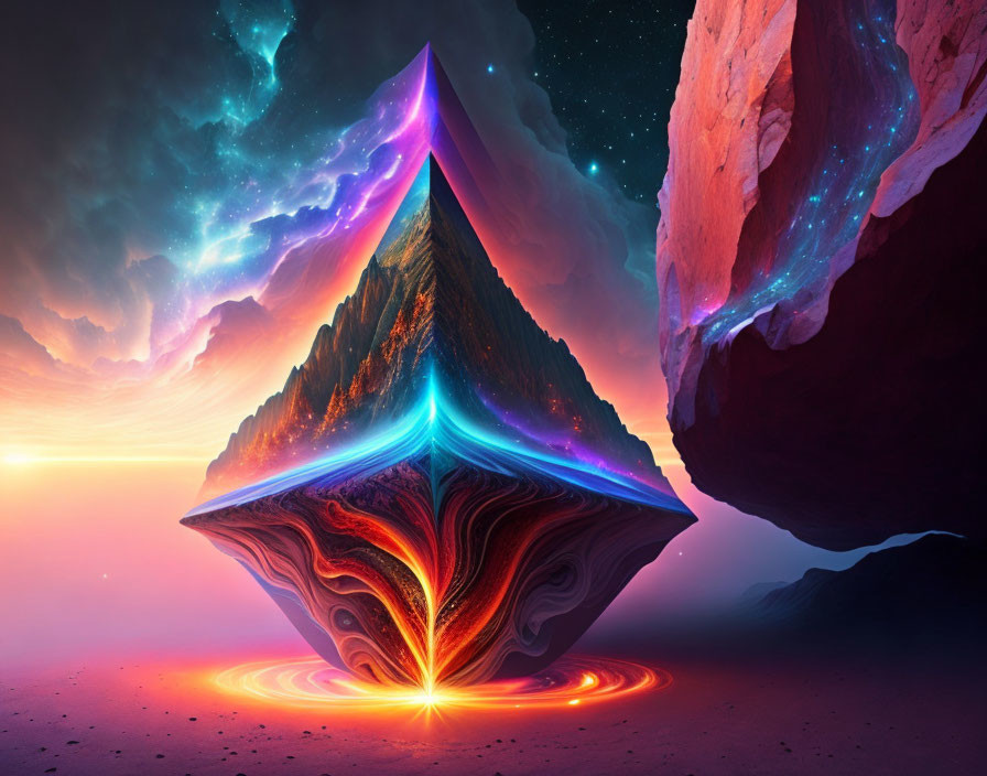 Colorful inverted pyramid artwork in cosmic landscape