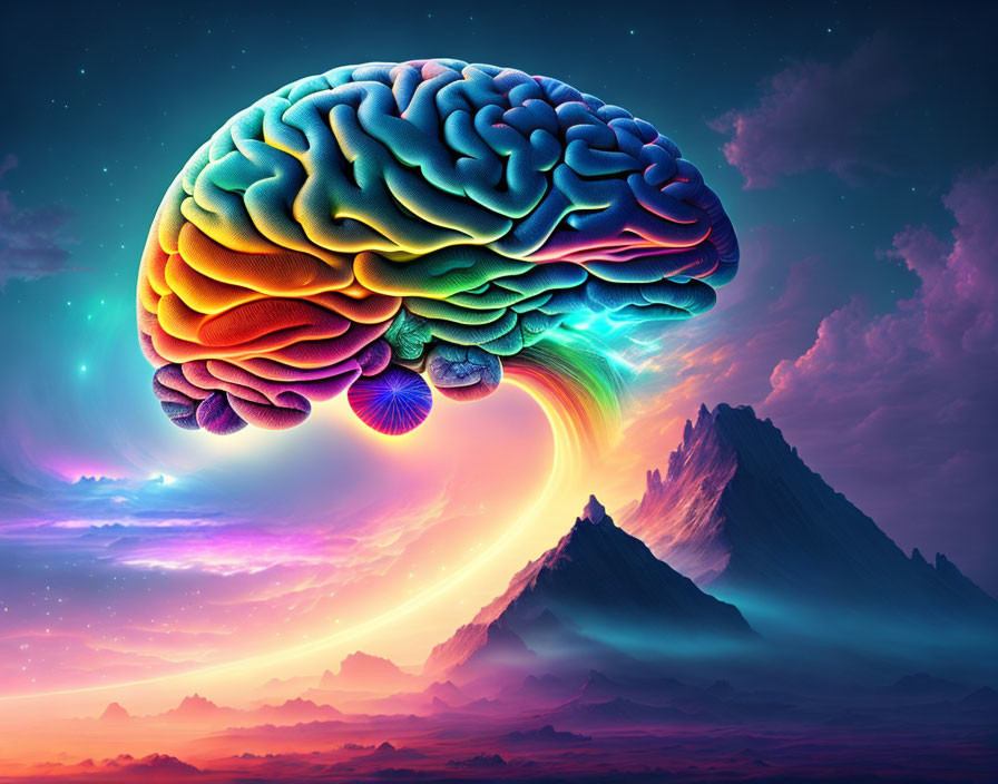 Colorful brain over surreal landscape with mountains and starry sky.