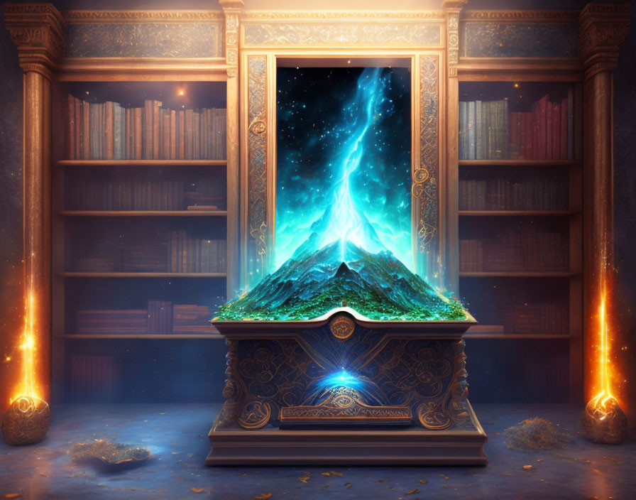 Mystical book on pedestal reveals cosmic landscape