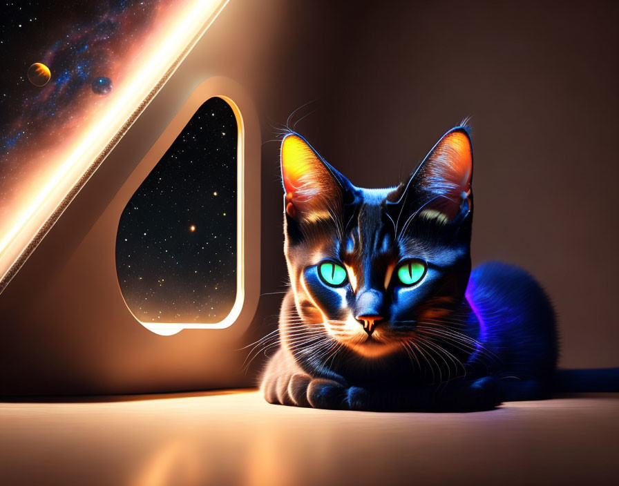 Colorful Cat Resting by Window with Space View: Blue and Orange Hues, Planets and