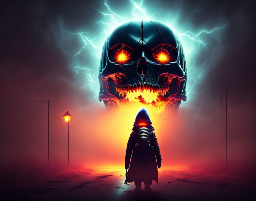 Mysterious figure in front of giant skull under red light and lightning