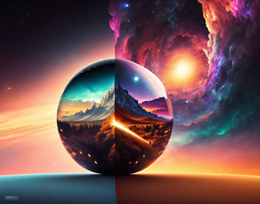 Colorful digital artwork: Sphere reflecting mountain landscape in cosmic nebula.