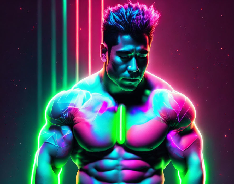 Colorful Neon-Lit Muscular Man on Dark Background