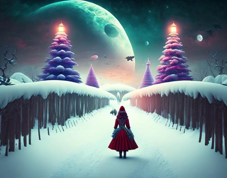 Person in red cloak on snowy path under green moon and starry sky