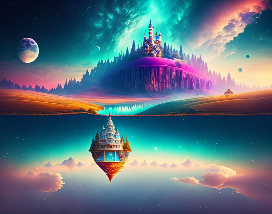 Fantasy landscape with floating island castle & starry sky