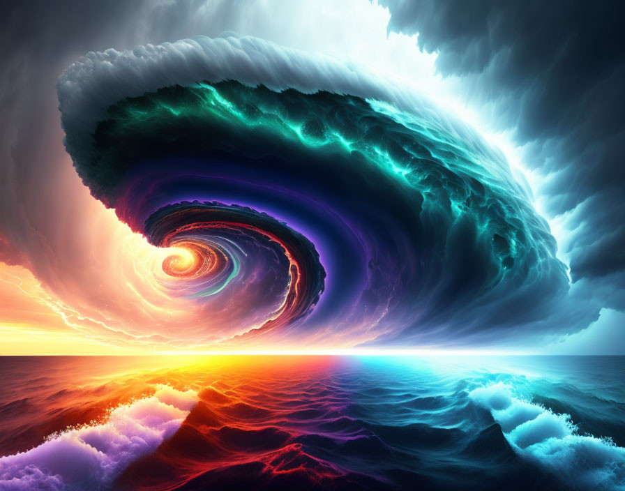 Colorful digital artwork: surreal spiral storm over ocean