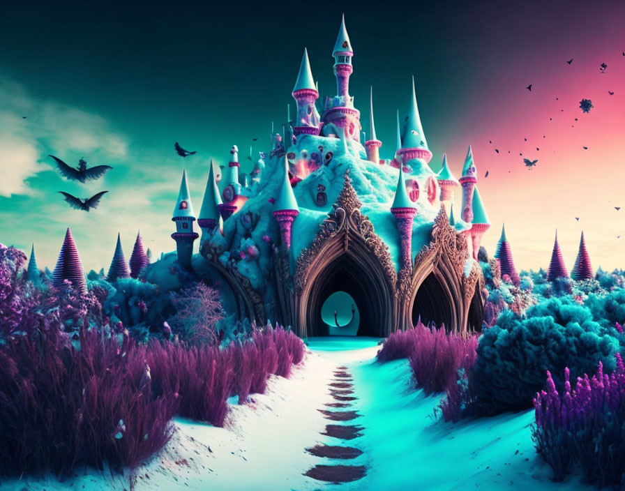 Colorful fantasy castle with purple foliage and birds in surreal landscape