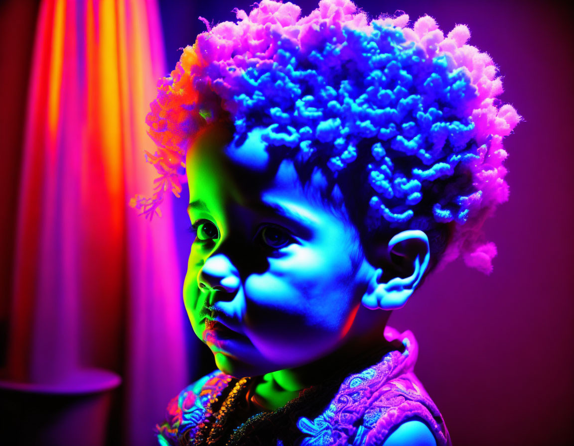 Child with Curly Hair in Colorful Lighting, Blue Face, Purple Hair