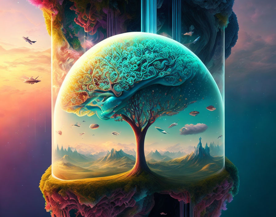 Surreal artwork: tree with brain-like canopy, fantastical landscape, waterfalls, flying birds