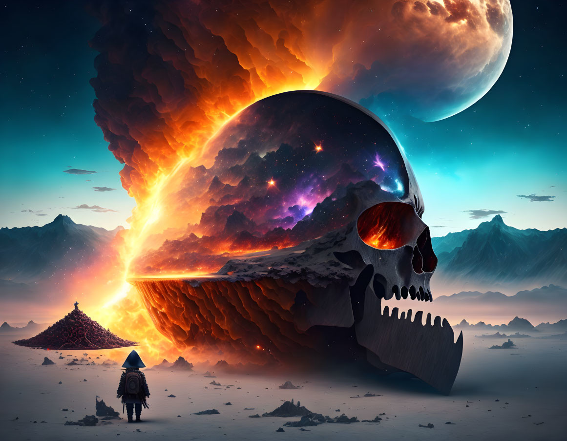 Person standing before surreal landscape with giant skull, cosmic explosion, and massive planet