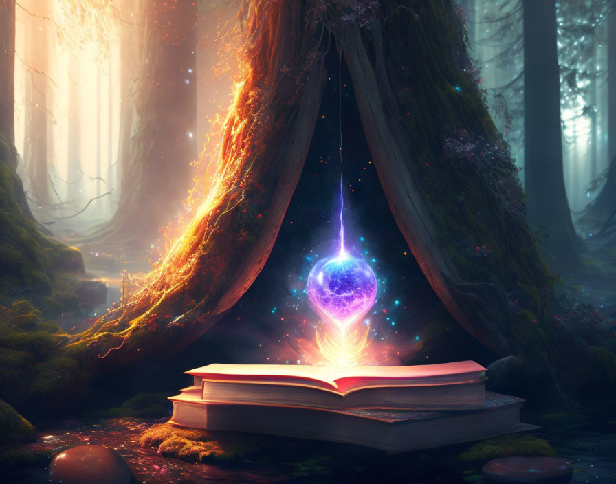 Open book on forest floor with magical orb and ethereal lights