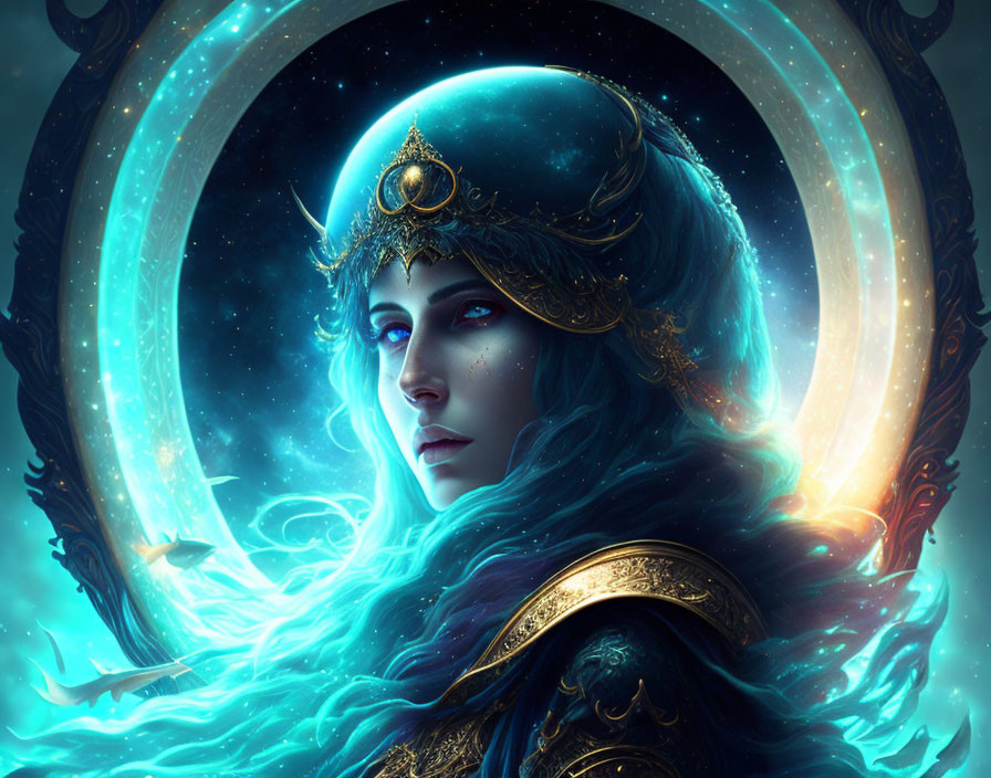 Mystical female figure with glowing blue hair and golden armor in ethereal setting