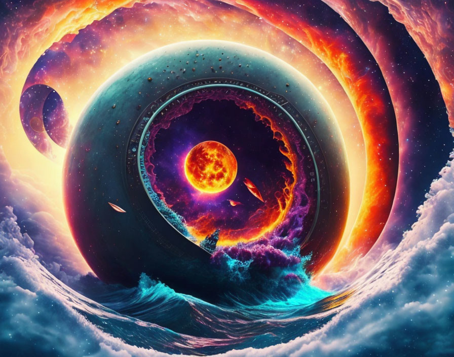 Surreal cosmic scene with planets, sun, nebulae, oceans, and clouds